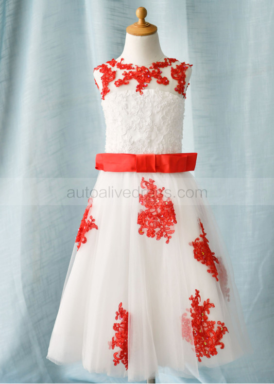 Beaded Red Lace Tulle Corset Back Knee Length Flower Girl Dress